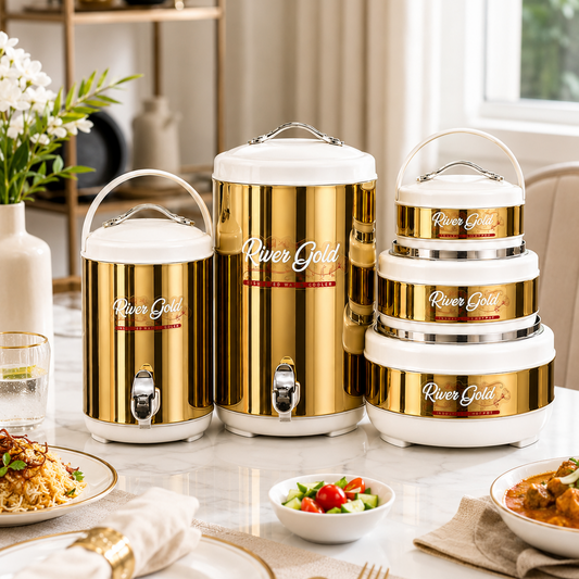 River Gold 5-Piece Insulated Hot Pot & Water Cooler Gift Set (12 Liter + 5 Liter Cooler) | Thermocare.pk